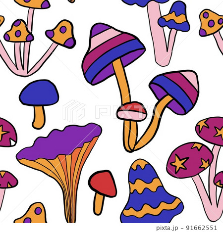 Seamless hand drawn pattern with hippie groovy mushrooms in orange purple blue red colors. Retro vintage 1960s 1970s style, trippy wild bright background with hallucination hypnotic elements. Seamless hand drawn pattern with hippie groovy mushrooms in orange purple blue red colors. Retro vintage 1960s 1970s style, trippy wild bright background with hallucination hypnotic elements. 91662551