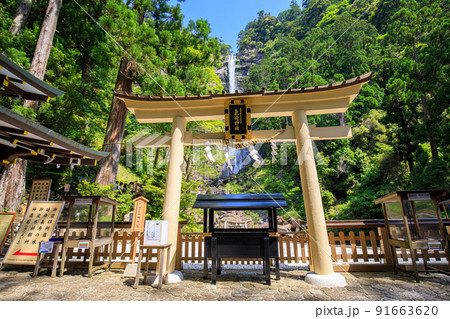 世界遺産熊野古道 飛瀧神社の鳥居と那智の滝 世界遺産熊野古道 飛瀧神社の鳥居と那智の滝 91663620