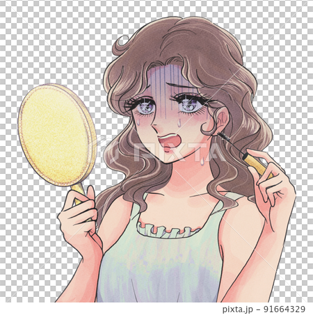 昔の少女漫画風・鏡を見てメイク方法に悩む女性 昔の少女漫画風・鏡を見てメイク方法に悩む女性 91664329