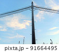 下から見上げた電柱と青空と白い雲 91664495