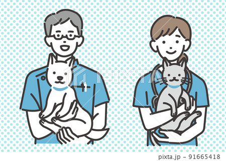 犬や猫を抱っこする動物病院で働く獣医やスタッフのベクターイラスト素材／犬や猫／ペット／トリミング／病 91665418