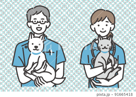 犬や猫を抱っこする動物病院で働く獣医やスタッフのベクターイラスト素材／犬や猫／ペット／トリミング／病 91665418