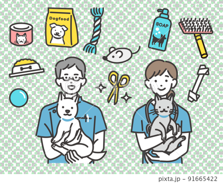 圖標，例如碼頭罩和玩具，以及獸醫和獸醫診所/狗和貓/pe 工作人員的矢量圖 91665422
