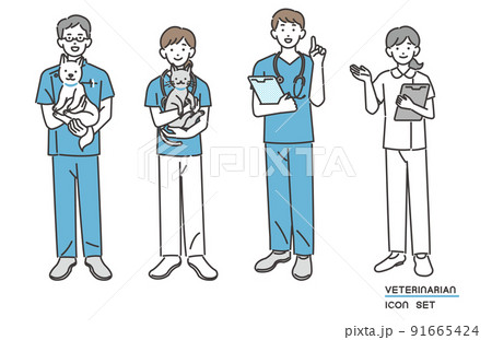 動物病院で働く獣医やスタッフのベクターイラスト素材／犬や猫／ペット／トリミング／病院 91665424