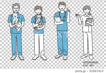 在獸醫診所/狗和貓/寵物/修剪/醫院工作的獸醫和工作人員的矢量圖 91665424