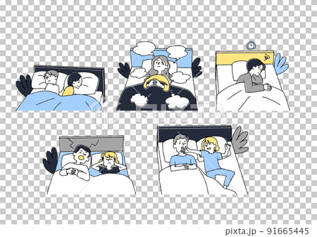 A set of various annoyances that occur in the bedroom time Comical handwritten person vector, warm line drawing 91665445