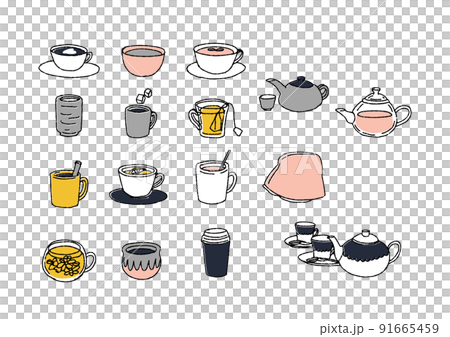 各種熱飲圖標、可笑的手寫數字、矢量、暖線圖 91665459