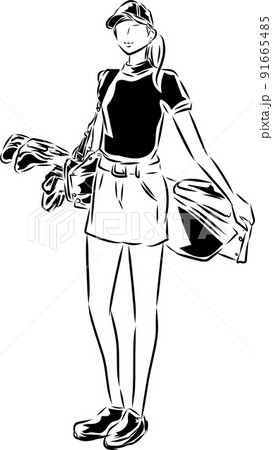 ゴルフをする女性　線画 91665485