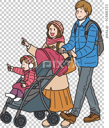 和一個童車_顏色_冬天的衣服一家出去 和一個童車_顏色_冬天的衣服一家出去 91666353