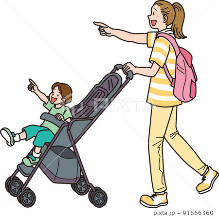 ベビーカーでお出かけ_カラー_夏服_ベビーカーを押すママ 91666360