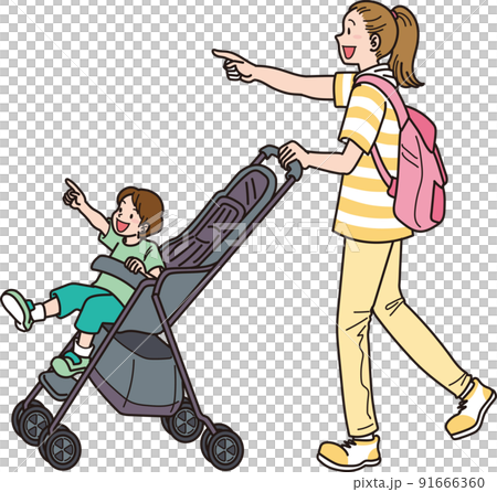 ベビーカーでお出かけ_カラー_夏服_ベビーカーを押すママ 91666360