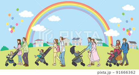 ベビーカーでお出かけ_カラー_一列で左に進むセット_虹の風景あり ベビーカーでお出かけ_カラー_一列で左に進むセット_虹の風景あり 91666362