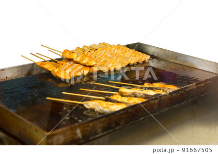 Top view of Grilled Salmon Skewers, focus selective Top view of Grilled Salmon Skewers, focus selective 91667505