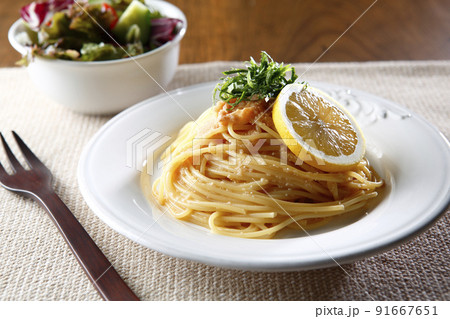 刻んだ大葉と輪切りのレモンを添えた明太子パスタとサラダ 刻んだ大葉と輪切りのレモンを添えた明太子パスタとサラダ 91667651