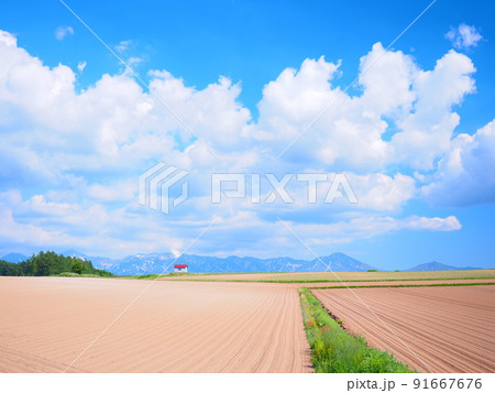 北海道の絶景 美瑛赤い屋根の小屋と大雪山連邦風景 91667676