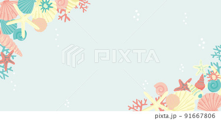 夏の背景イラスト　貝殻とヒトデ 91667806
