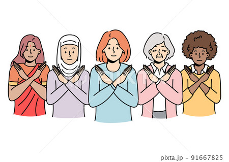 Multiethnic women show stop sign against discrimination Multiethnic women show stop sign against discrimination 91667825