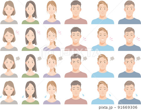 人々のいろいろな表情。笑顔、喜び、怒り、悲しみ。 人々のいろいろな表情。笑顔、喜び、怒り、悲しみ。 91669306