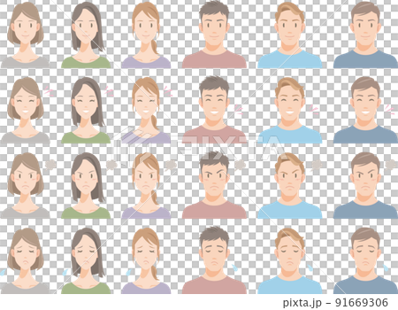 人々のいろいろな表情。笑顔、喜び、怒り、悲しみ。 人々のいろいろな表情。笑顔、喜び、怒り、悲しみ。 91669306