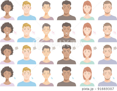 さまざまな人種の人々のいろいろな表情。笑顔、喜び、怒り、悲しみ。 さまざまな人種の人々のいろいろな表情。笑顔、喜び、怒り、悲しみ。 91669307