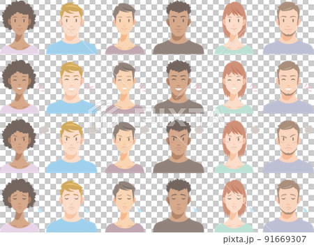 さまざまな人種の人々のいろいろな表情。笑顔、喜び、怒り、悲しみ。 さまざまな人種の人々のいろいろな表情。笑顔、喜び、怒り、悲しみ。 91669307