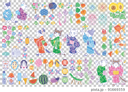 Summer festival illustration material set of cats enjoying fairs in yukata 91669359