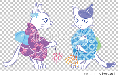 浴衣で花火を楽しむ猫のイラストのイラスト素材 [91669361] - PIXTA