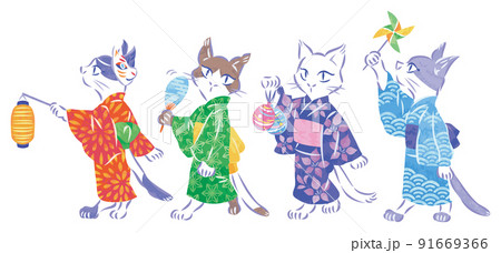 夏祭り 浴衣で歩く猫のイラスト 夏祭り 浴衣で歩く猫のイラスト 91669366