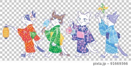 夏祭り 浴衣で歩く猫のイラスト 夏祭り 浴衣で歩く猫のイラスト 91669366