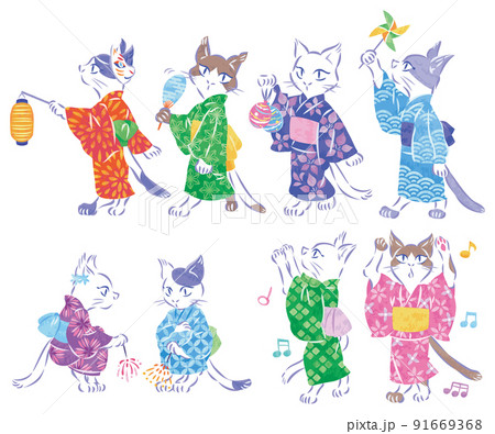 夏祭り　浴衣で縁日を楽しんだり花火や盆踊りをする猫のイラストセット 91669368