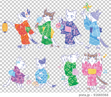 夏祭り 浴衣で縁日を楽しんだり花火や盆踊りをする猫のイラストセット 夏祭り 浴衣で縁日を楽しんだり花火や盆踊りをする猫のイラストセット 91669368