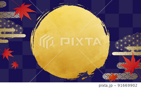 満月と和柄の雲と紅葉のベクターイラスト背景 91669902