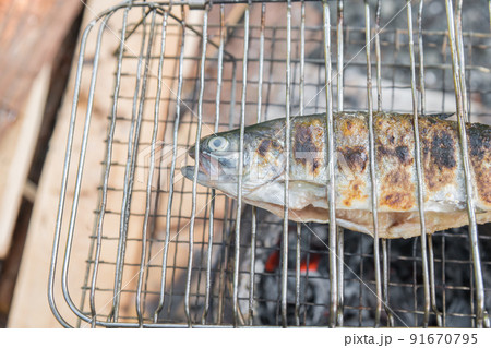 【オートキャンプ場でミニマムソロキャンプ　熾火を使って鱒の塩焼き】 91670795