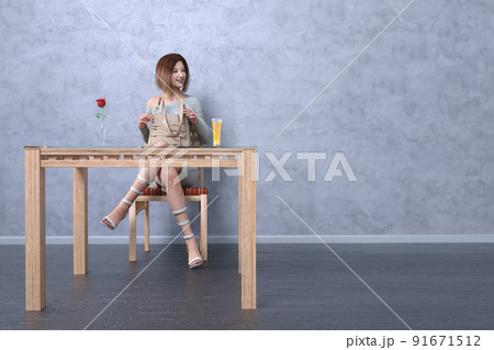 一輪の赤いバラとジュースの入ったグラスが置かれたテーブルの前に、バッグを膝に乗せて椅子に座る女性。 91671512