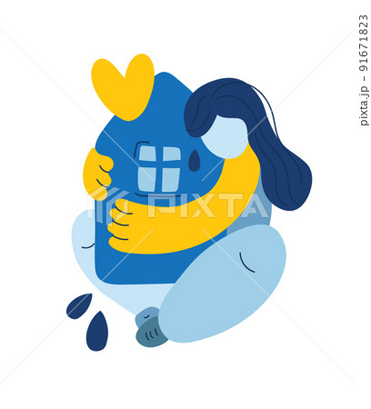 Ukrainian emigration nostalgia. People who were forced to leave their homes. The woman cries and hugs her house. Stop War in Ukraine, homesickness 91671823