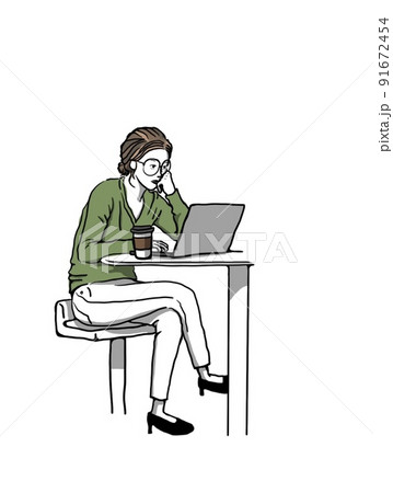 カフェでリモートワークする女性 91672454