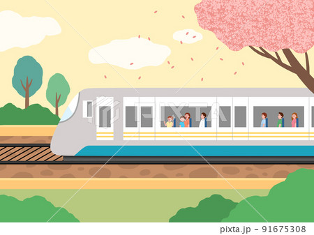 the railroad day_people in the train in spring season 91675308