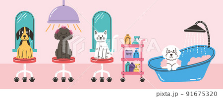 wide vector illustration banner_dog and cat pet salon 91675320