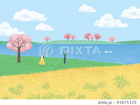 beautiful spring scenery painting vector illustration with cherry blossom 91675329
