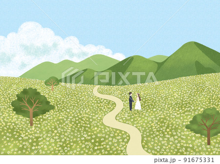 beautiful spring scenery painting vector illustration of couple having small wedding ceremony or photography shoot in buckwheat flower field beautiful spring scenery painting vector illustration of couple having small wedding ceremony or photography shoot in buckwheat flower field 91675331