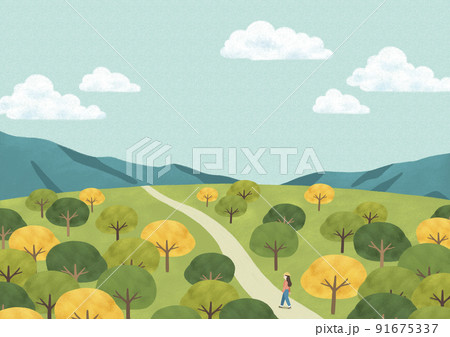 beautiful spring, summer, autumn scenery painting vector illustration of girl trekking, climbing mountain 91675337