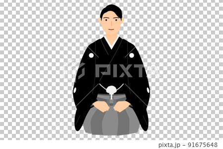 A man greeting the New Year, sitting in a kimono (montsuki-haori) 91675648