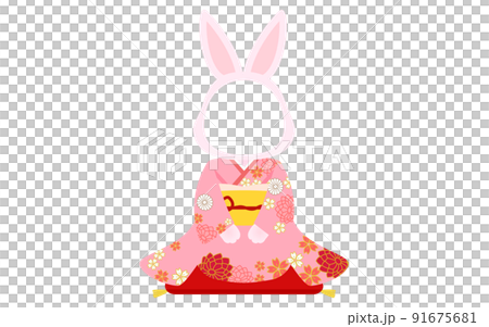 2023, a girl greeting the New Year, a rabbit's face photo frame, kimono (furisode) 2023, a girl greeting the New Year, a rabbit's face photo frame, kimono (furisode) 91675681