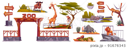 Zoo landscape elements cartoon vector set isolated 91676343