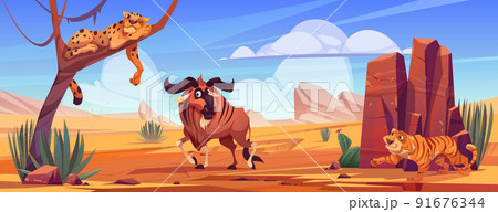 African savannah with wildebeest, cheetah, tiger African savannah with wildebeest, cheetah, tiger 91676344