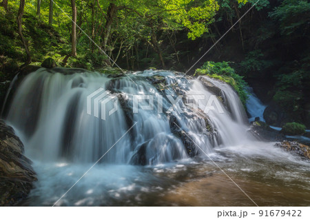 福島県鮫川村　新緑の江竜田の滝 91679422