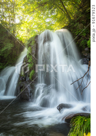 福島県天栄村　新緑の明神滝 91679523