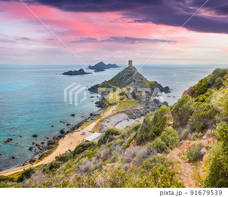 Sunset over popular tourist destination Torra di a Parata with Genoese Tower  91679539