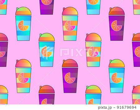 Fruit smoothie seamless pattern. Shaker with orange juice. Drink for a healthy lifestyle. Design for banners, promotional products and wrapping paper. Vector illustration 91679694