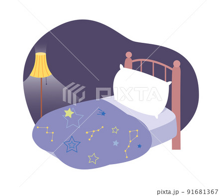 Bedroom nursery interior, light from lamp, blue bedclothes with stars on single boys bed 91681367